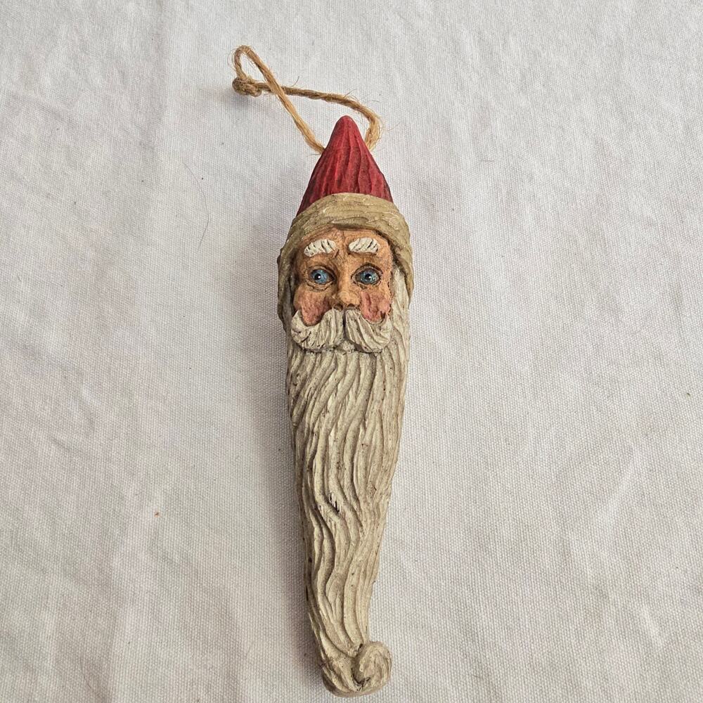 Vintage Wang's 1993 Santa Face Long Beard Ornament Resembles Carved Wood